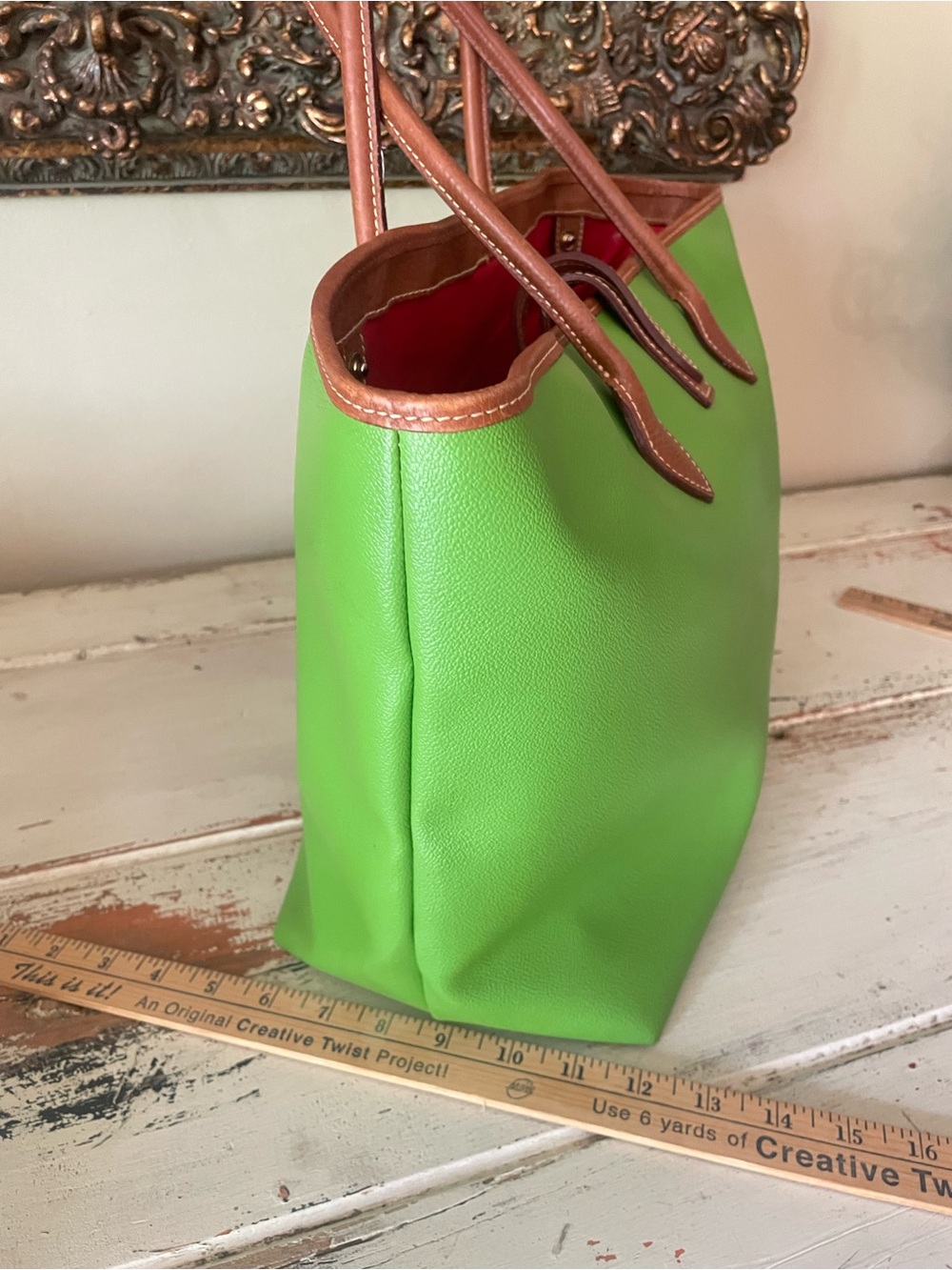 Dooney & Bourke Eva BaileyBright Green Tote with Brown Trim - Picture 11 of 16